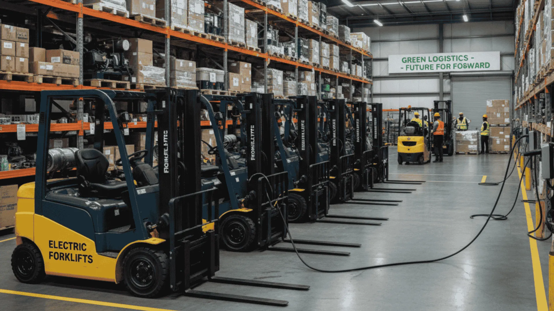 Fleet of forklifts in Houston industrial warehouse